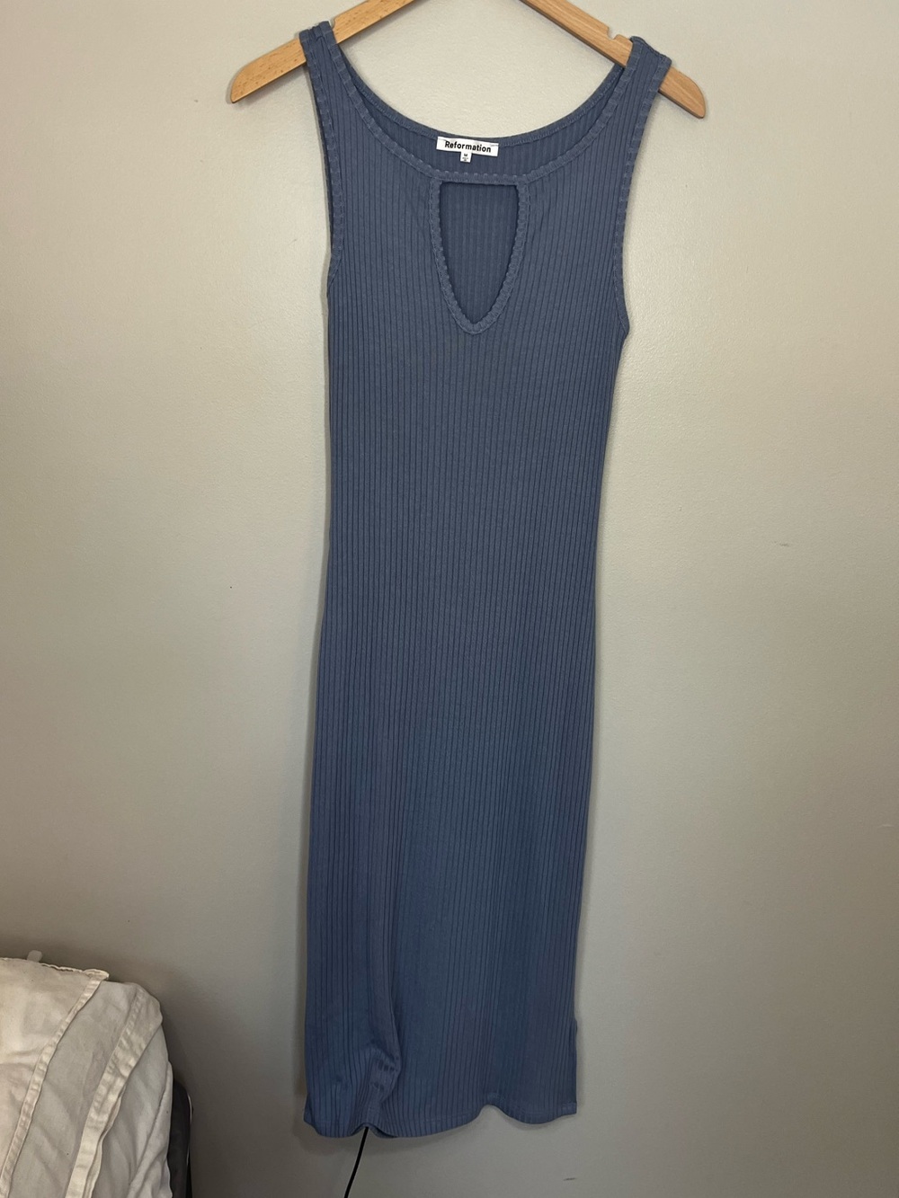 Reformation Slate Blue Ribbed Knit Keyhole Sleeveless Tank Dress Women’s Medium